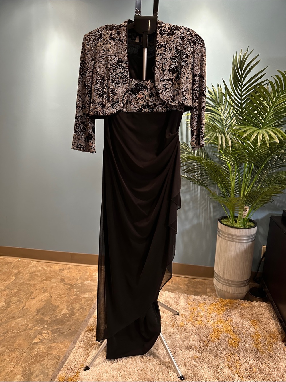 Alex Evenings Black Maxi Dress with Printed Bolero